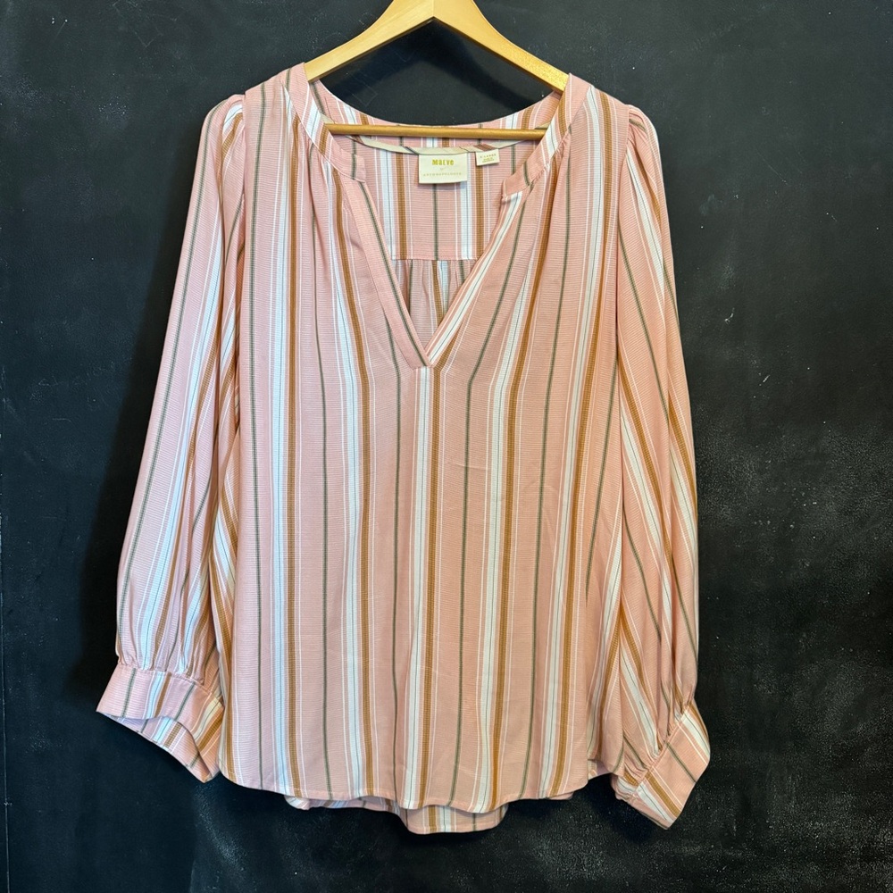 Anthropologie Pink Striped V-Neck Blouse